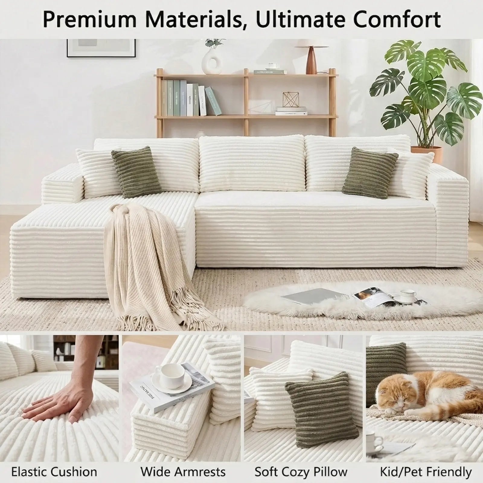 108-Inch Corduroy Boneless L-Shaped Sectional Sofa with Oversized Chaise