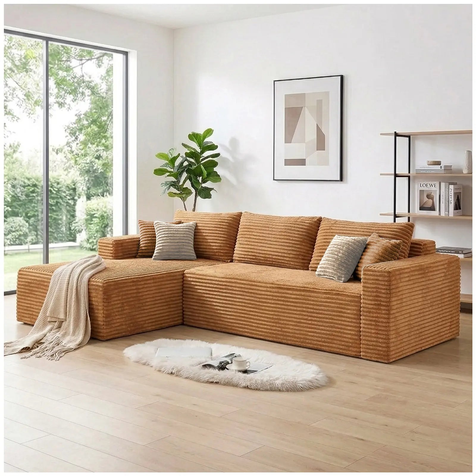 108-Inch Corduroy Boneless L-Shaped Sectional Sofa with Oversized Chaise