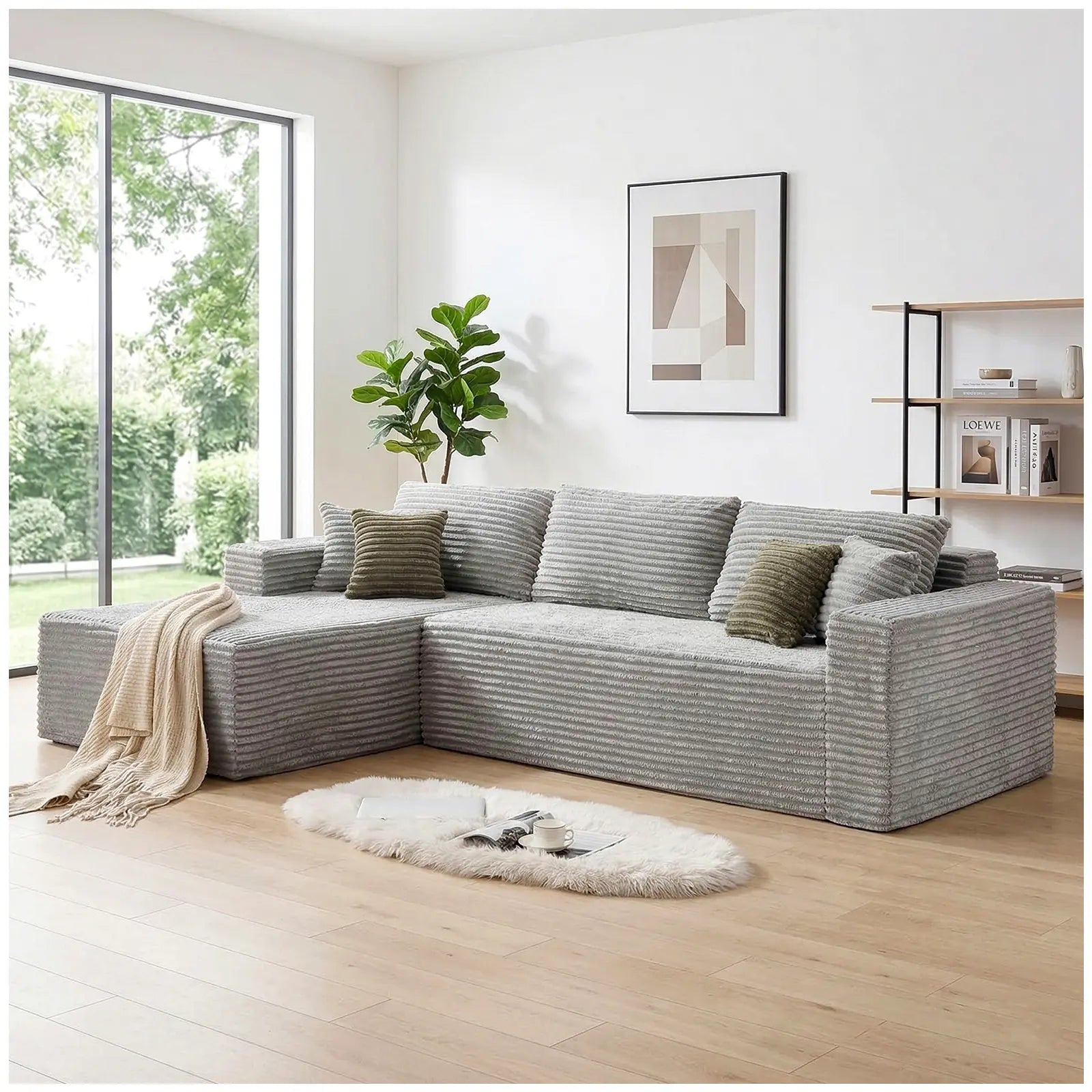 108-Inch Corduroy Boneless L-Shaped Sectional Sofa with Oversized Chaise