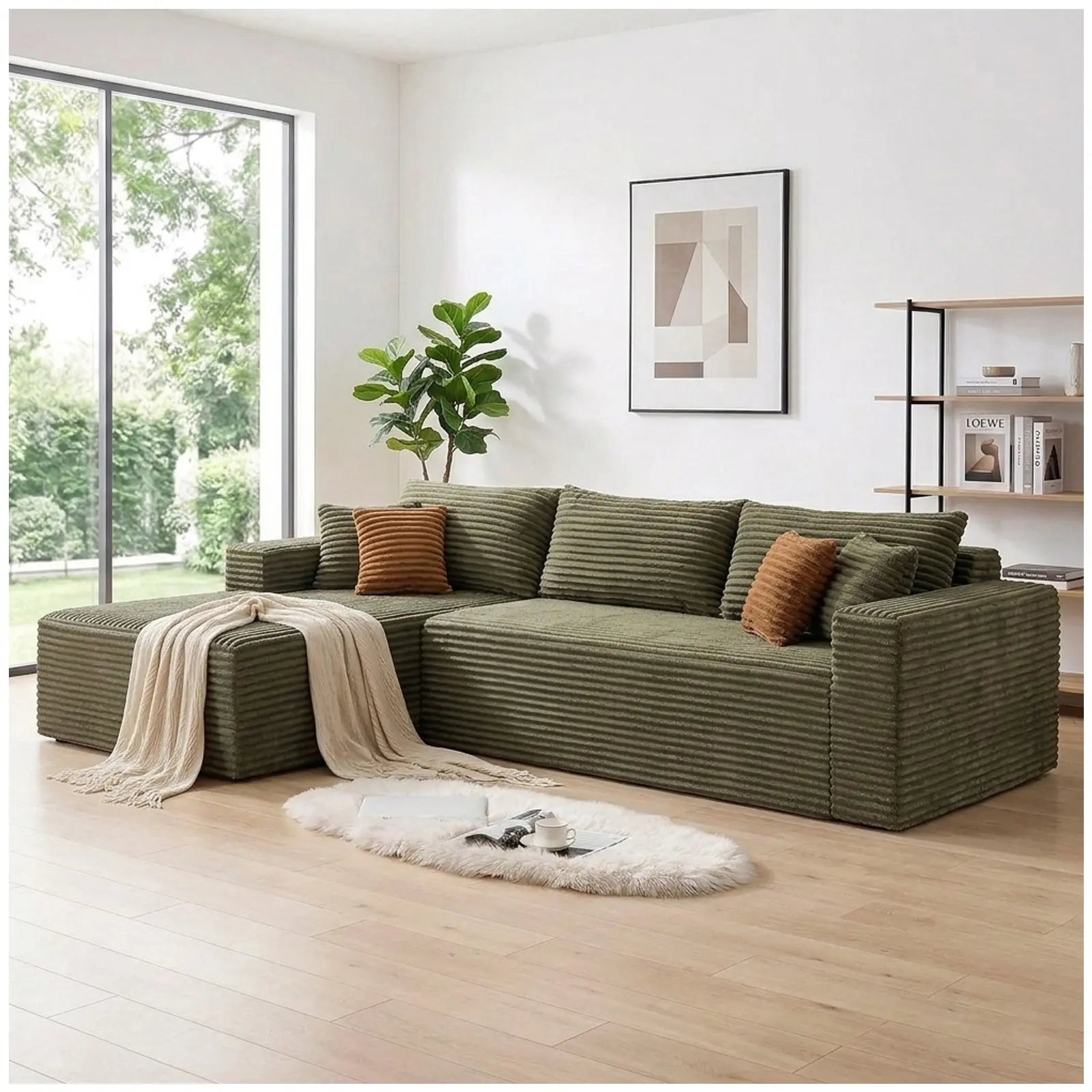108-Inch Corduroy Boneless L-Shaped Sectional Sofa with Oversized Chaise