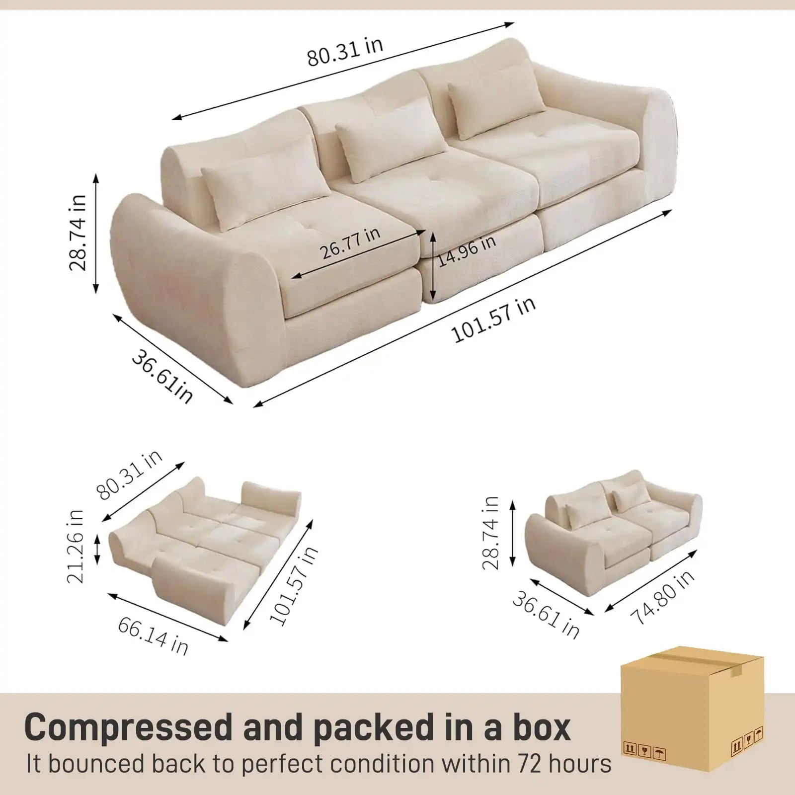 102-Inch Modular Boneless Cloud Sectional Sofa Bed with Deep Seating