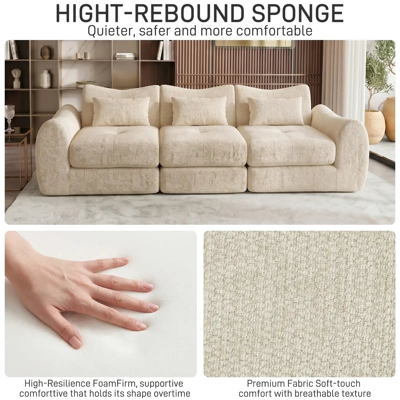 102-Inch Modular Boneless Cloud Sectional Sofa Bed with Deep Seating