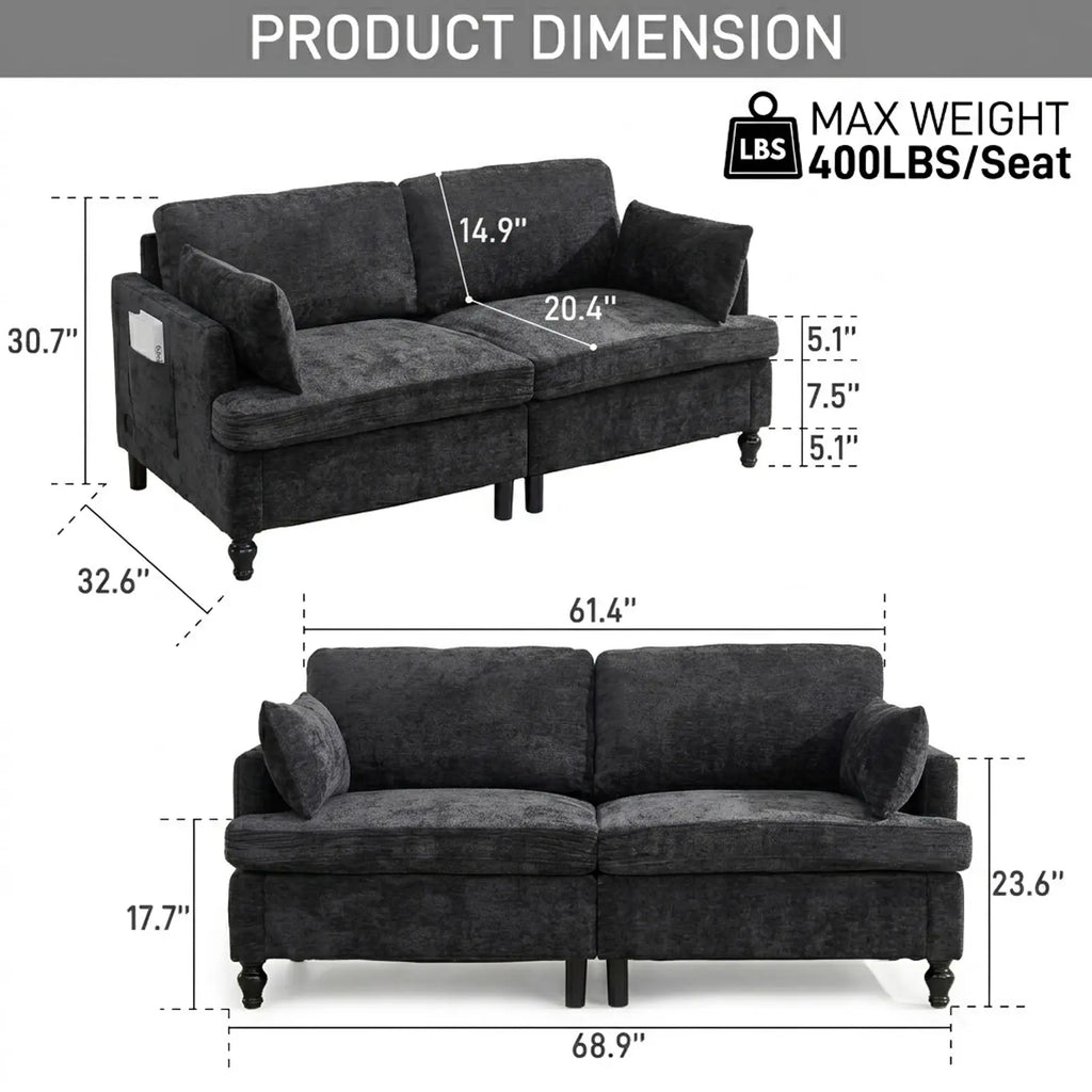 69-Inch Chenille Deep-Seat Loveseat with USB Charging Ports and LED Lighting
