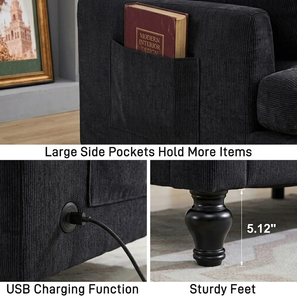 69-Inch Chenille Deep-Seat Loveseat with USB Charging Ports and LED Lighting
