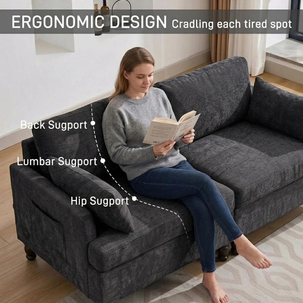 69-Inch Chenille Deep-Seat Loveseat with USB Charging Ports and LED Lighting