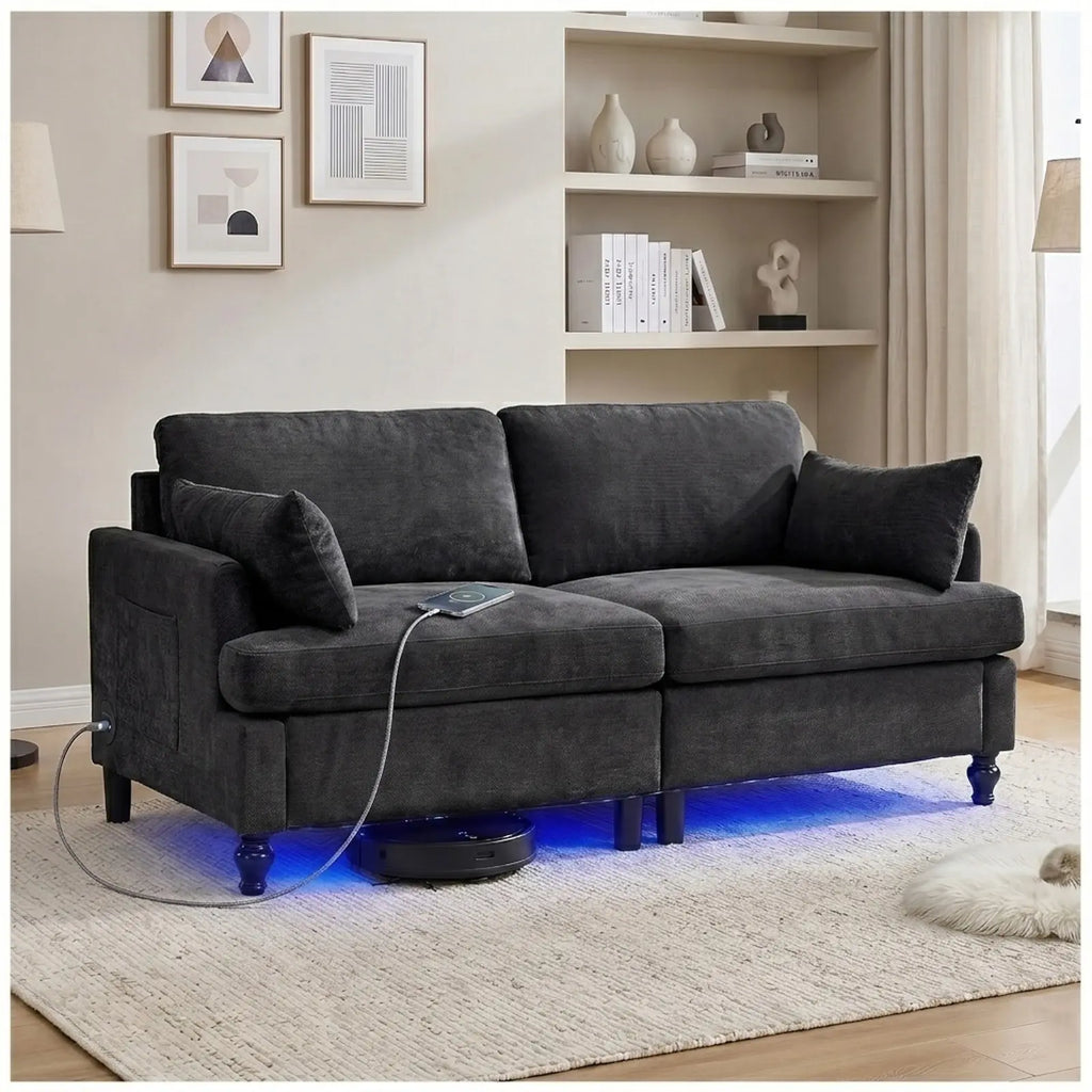 69-Inch Chenille Deep-Seat Loveseat with USB Charging Ports and LED Lighting