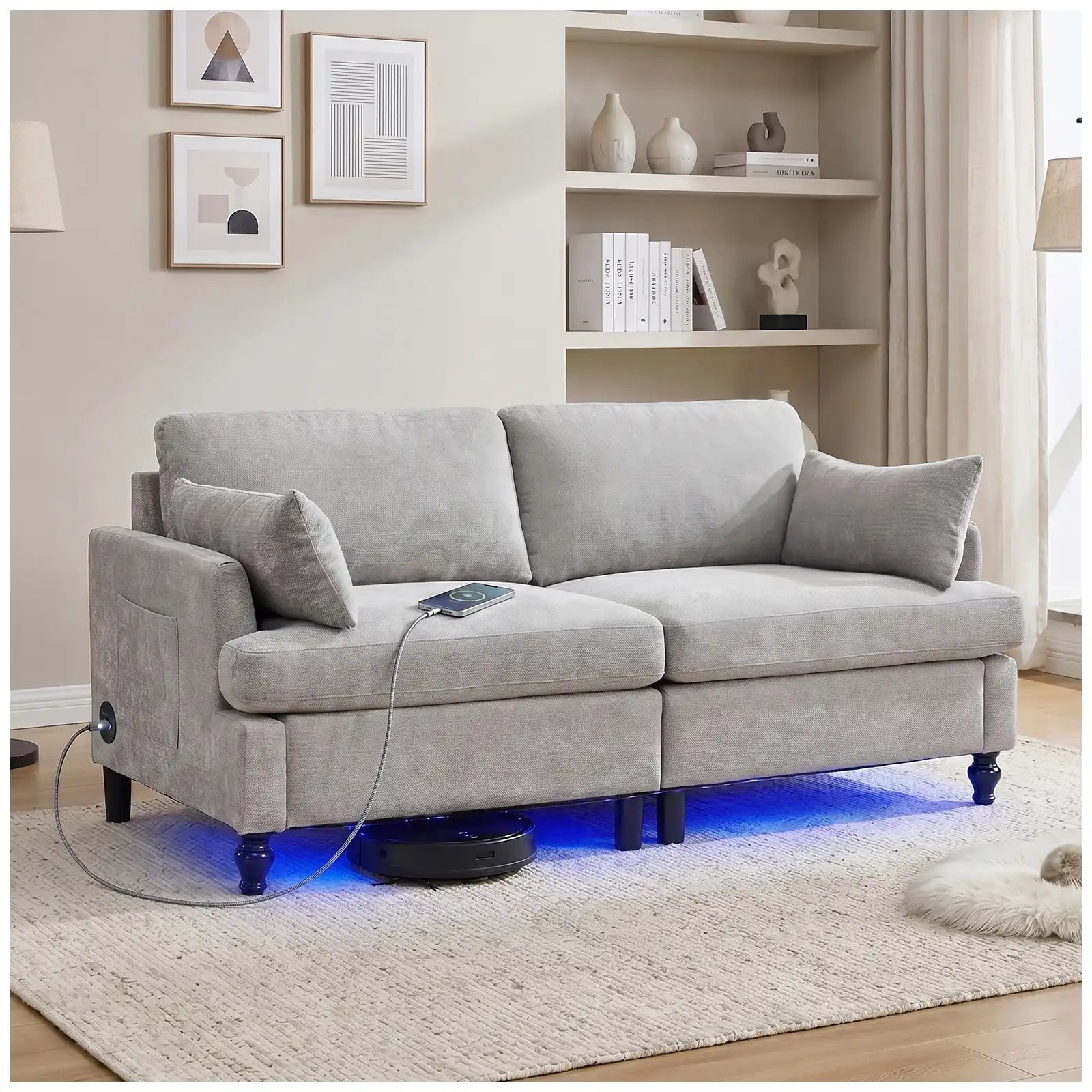 69-Inch Chenille Deep-Seat Loveseat with USB Charging Ports and LED Lighting