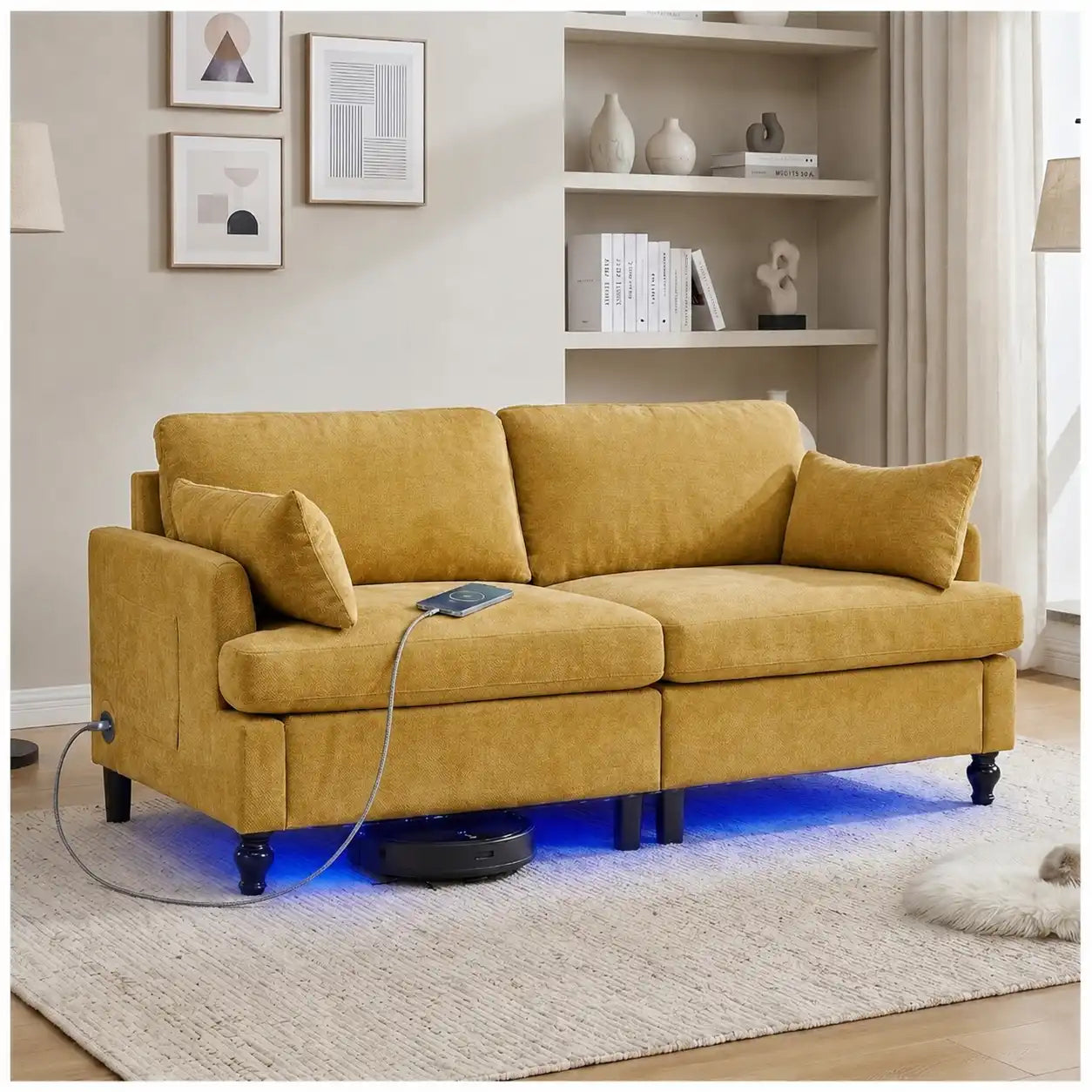 69-Inch Chenille Deep-Seat Loveseat with USB Charging Ports and LED Lighting