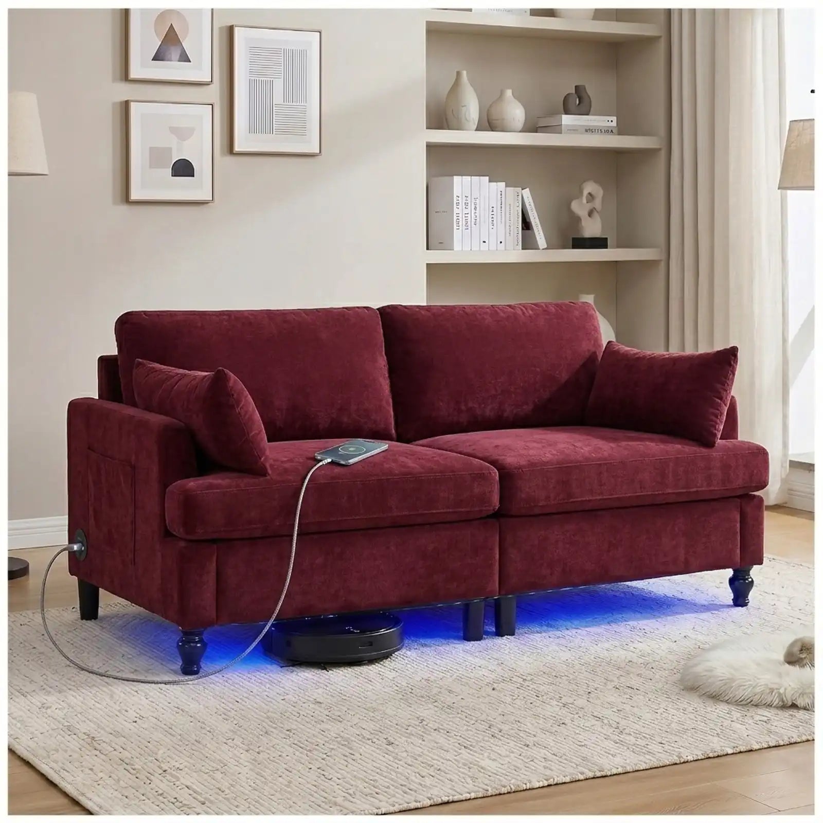 69-Inch Chenille Deep-Seat Loveseat with USB Charging Ports and LED Lighting
