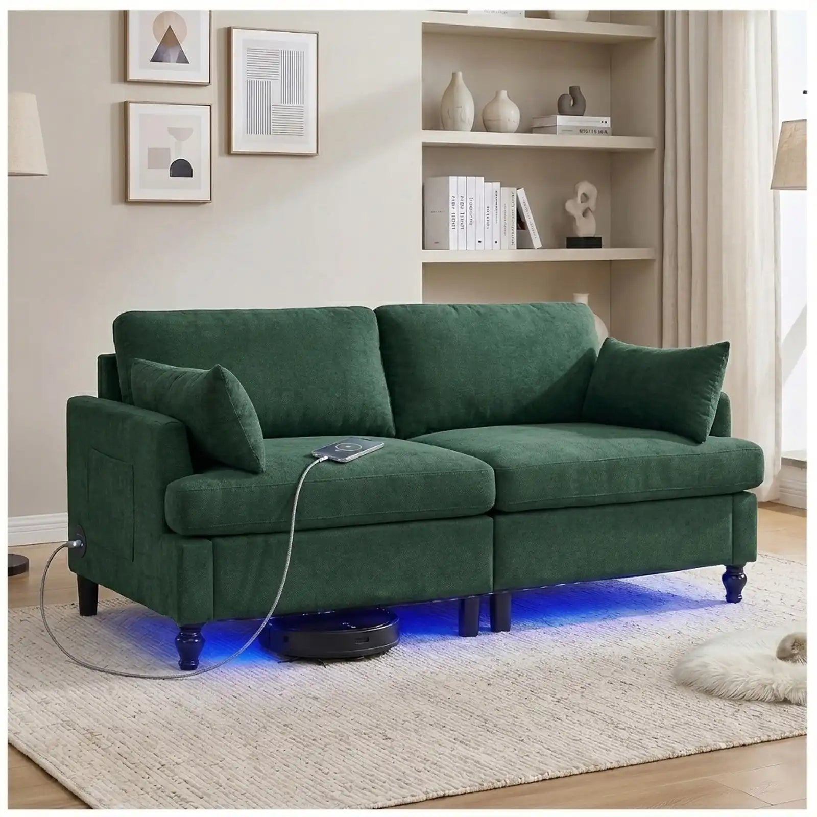 69-Inch Chenille Deep-Seat Loveseat with USB Charging Ports and LED Lighting