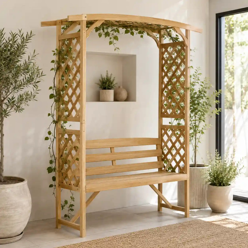 63" Wooden Garden Arbor Bench with Trellises and Pergola for Climbing Plants