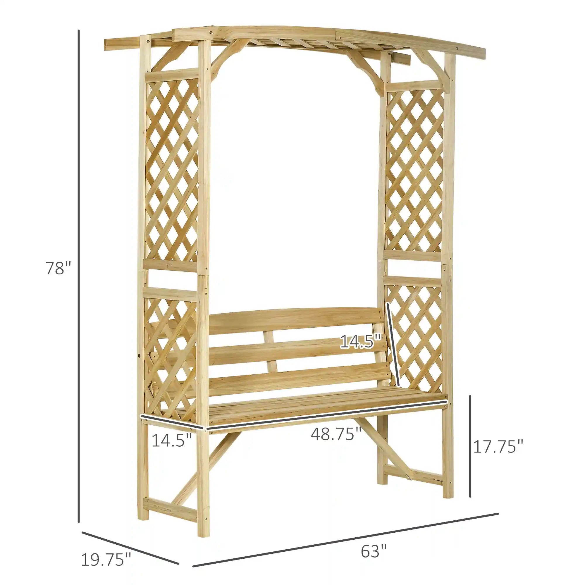63" Wooden Garden Arbor Bench with Trellises and Pergola for Climbing Plants