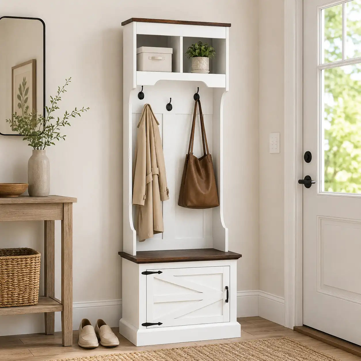 23.1" Narrow Hall Tree with Shoe Storage Bench, Coat Hooks, and Top Shelves