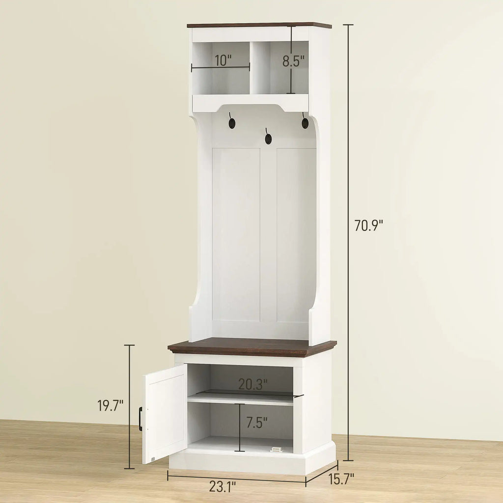 23.1" Narrow Hall Tree with Shoe Storage Bench, Coat Hooks, and Top Shelves