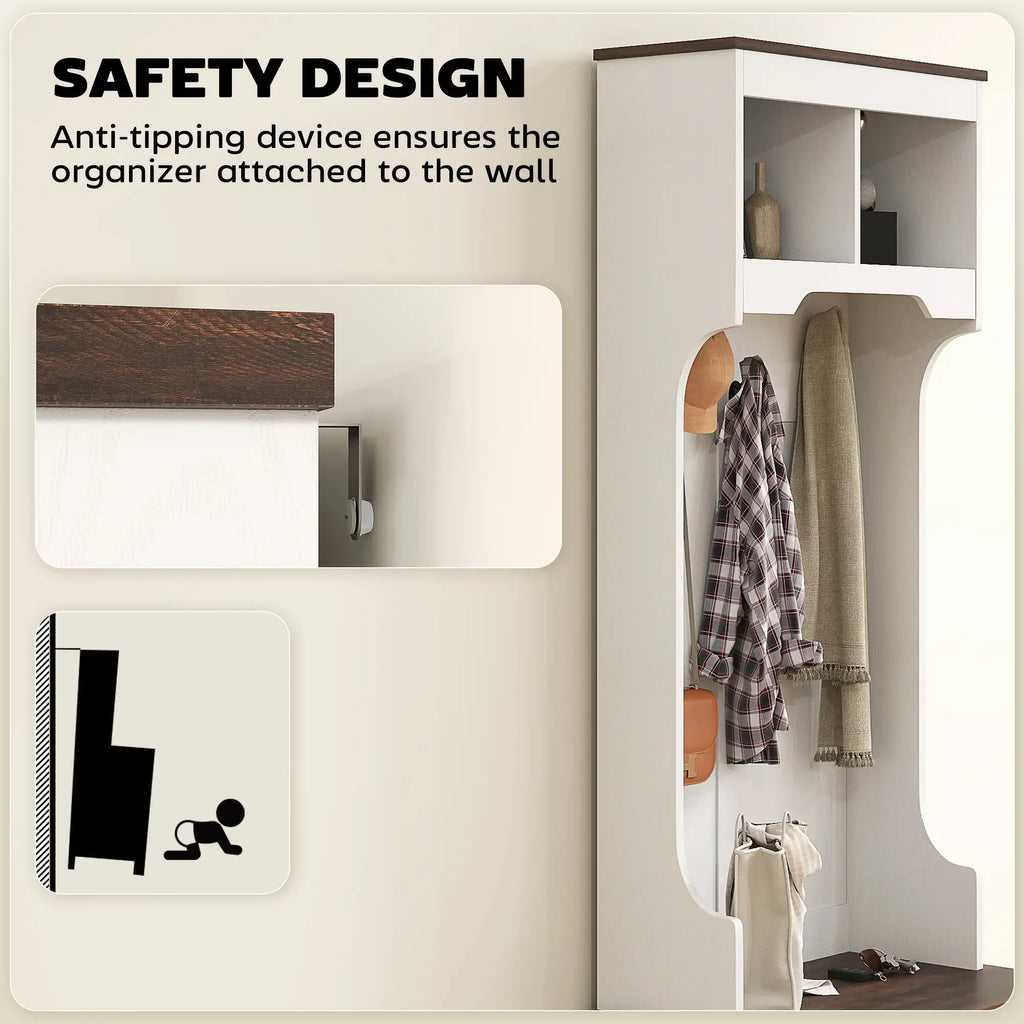 23.1" Narrow Hall Tree with Shoe Storage Bench, Coat Hooks, and Top Shelves