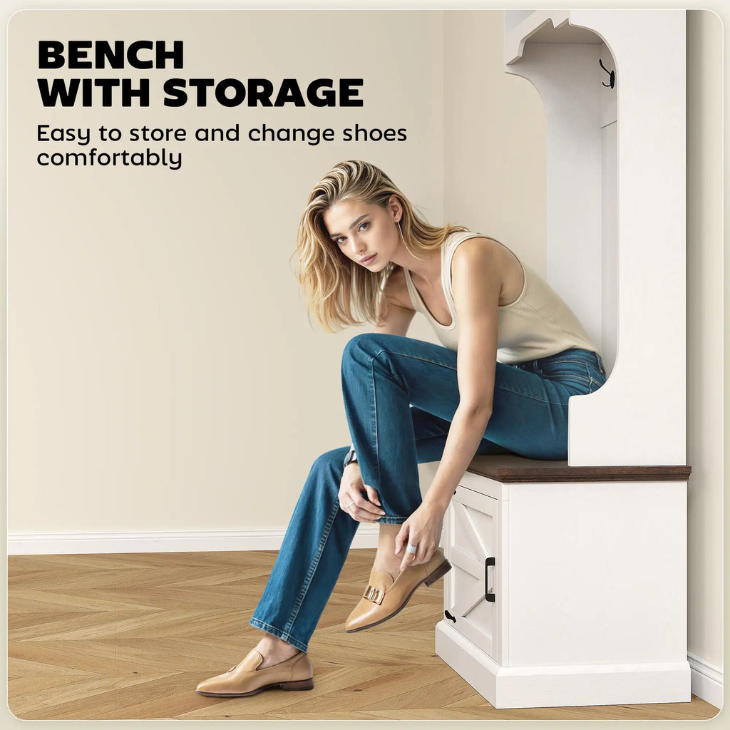 23.1" Narrow Hall Tree with Shoe Storage Bench, Coat Hooks, and Top Shelves