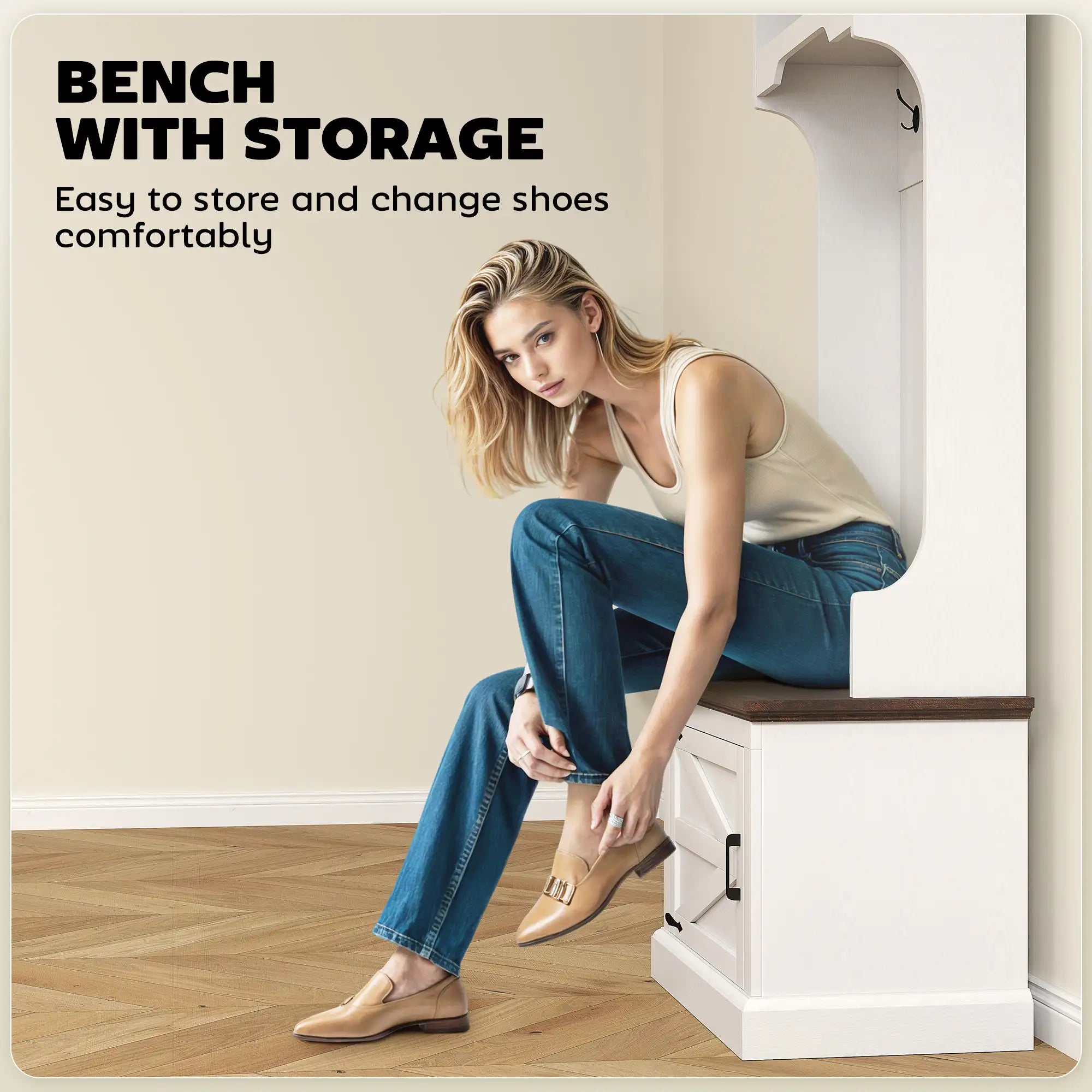 23.1" Narrow Hall Tree with Shoe Storage Bench, Coat Hooks, and Top Shelves