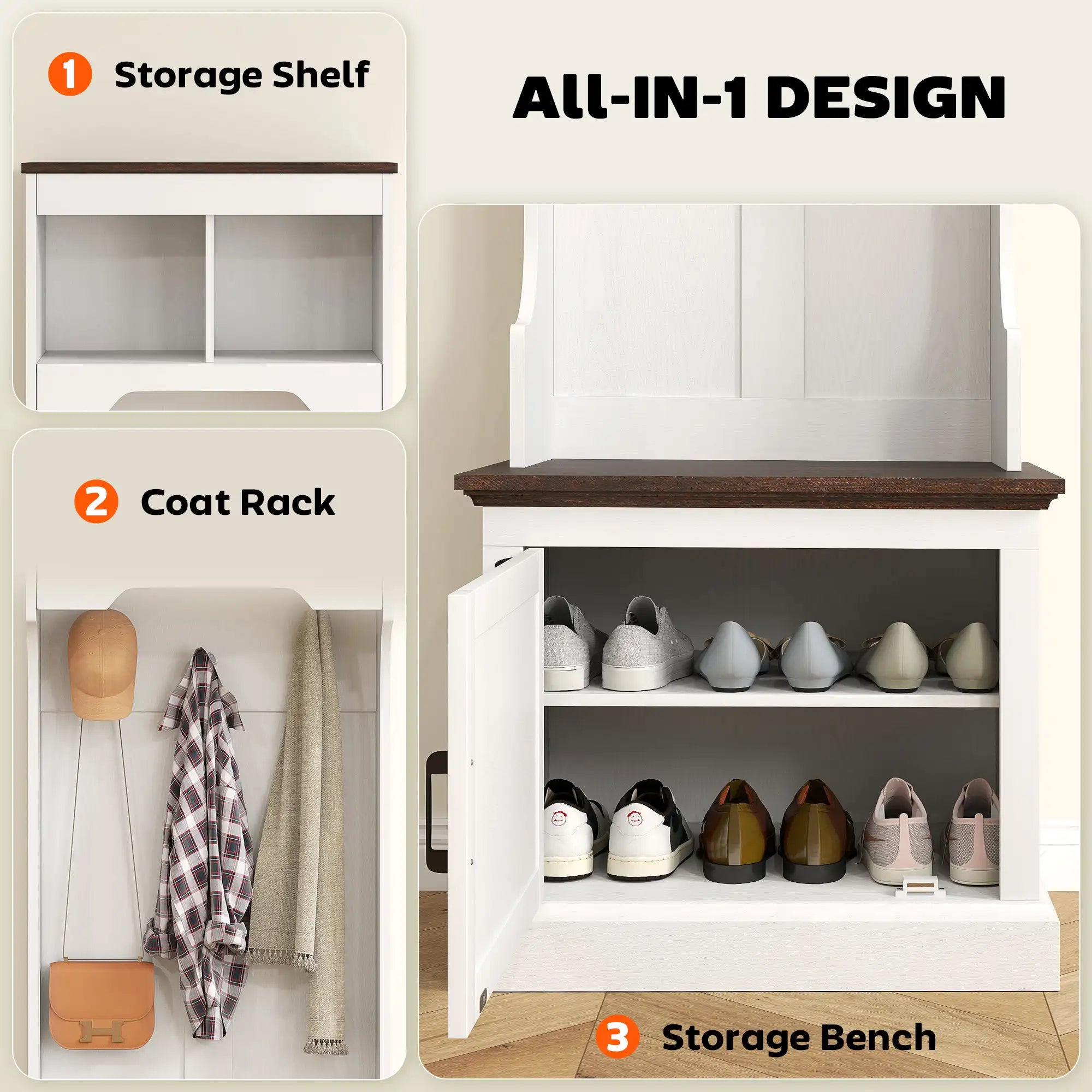 23.1" Narrow Hall Tree with Shoe Storage Bench, Coat Hooks, and Top Shelves