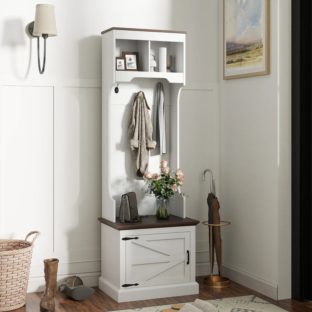 23.1" Narrow Hall Tree with Shoe Storage Bench, Coat Hooks, and Top Shelves