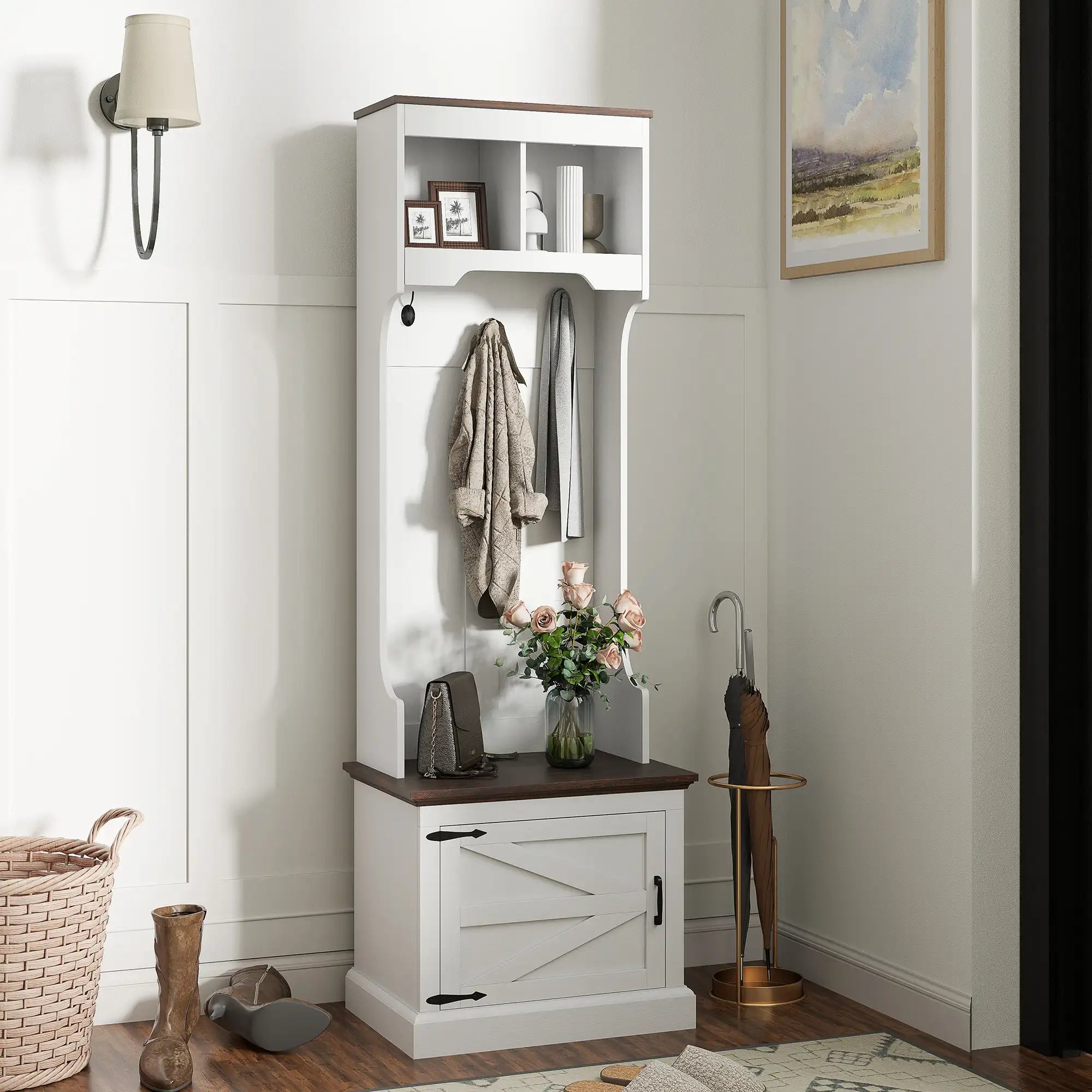 23.1" Narrow Hall Tree with Shoe Storage Bench, Coat Hooks, and Top Shelves