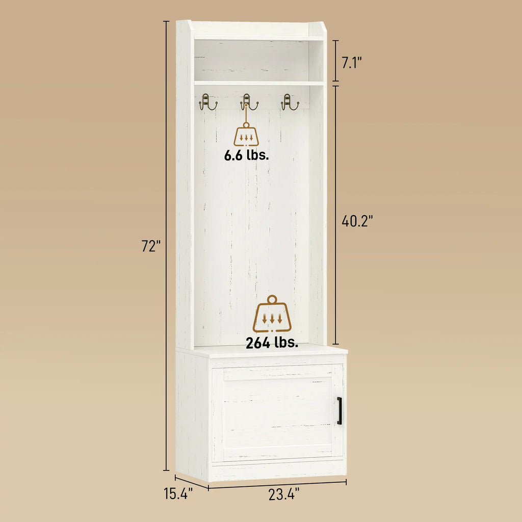 72" Narrow Hall Tree with Shoe Storage Bench, Coat Hooks, and Open Shelves