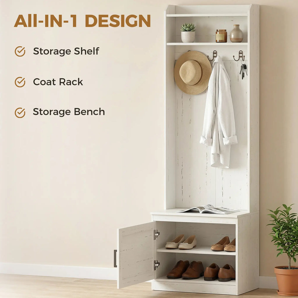 72" Narrow Hall Tree with Shoe Storage Bench, Coat Hooks, and Open Shelves