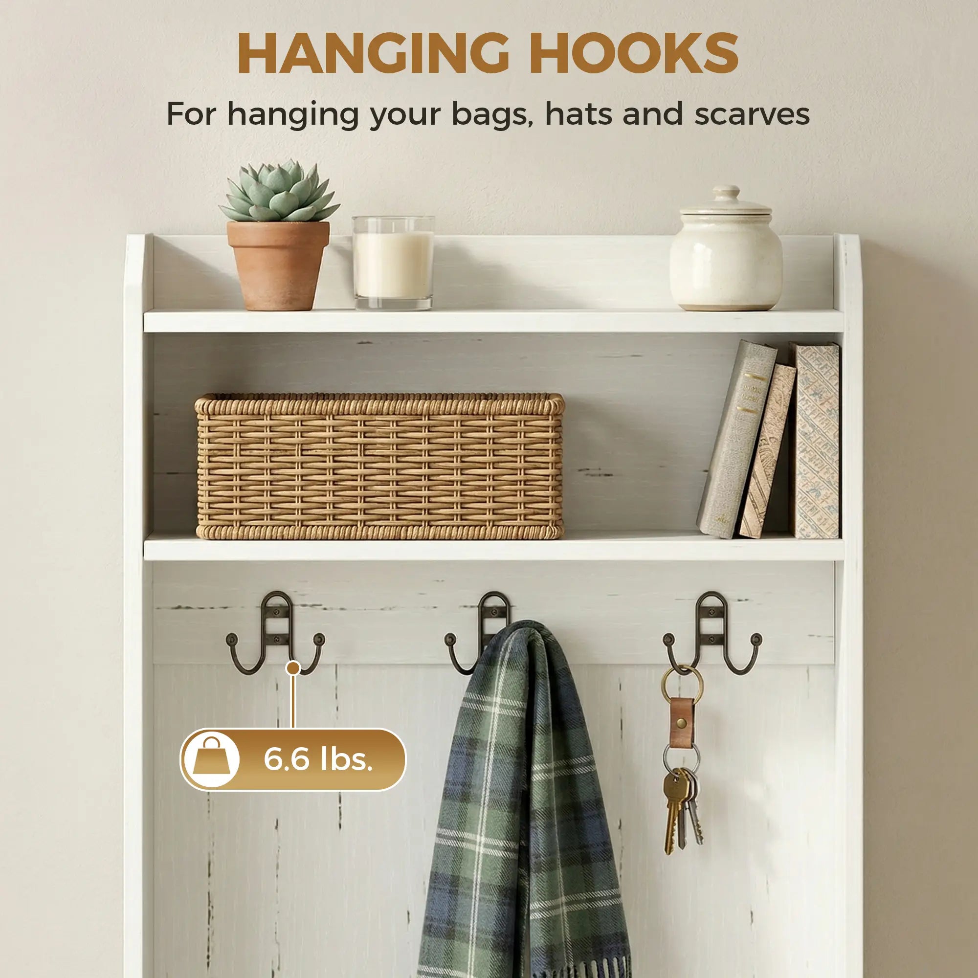 72" Narrow Hall Tree with Shoe Storage Bench, Coat Hooks, and Open Shelves