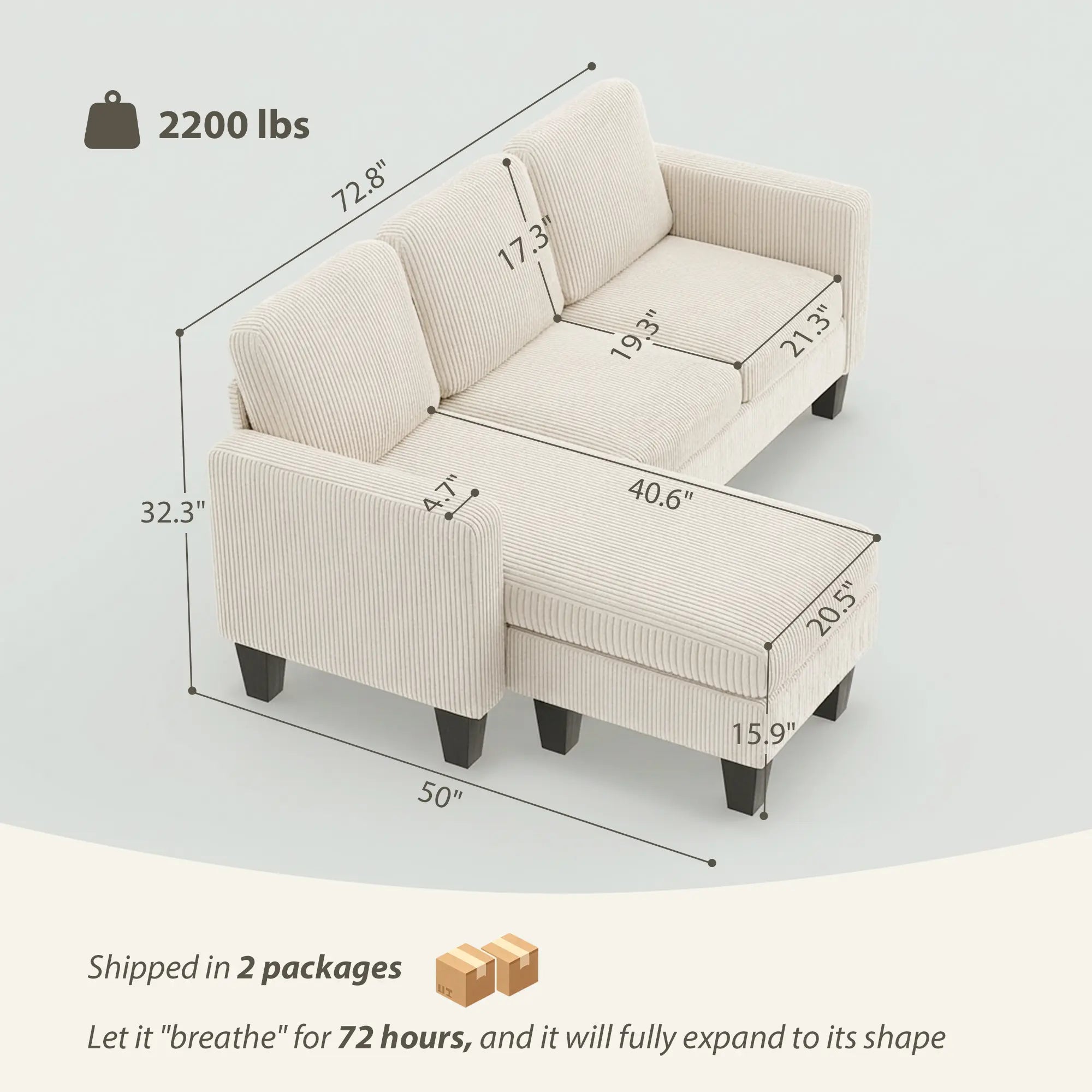 72.8" Reversible L-Shaped Corduroy Sectional Sofa with Movable Ottoman