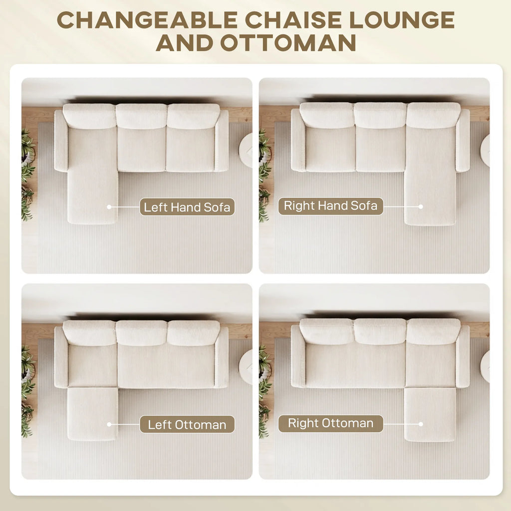 72.8" Reversible L-Shaped Corduroy Sectional Sofa with Movable Ottoman