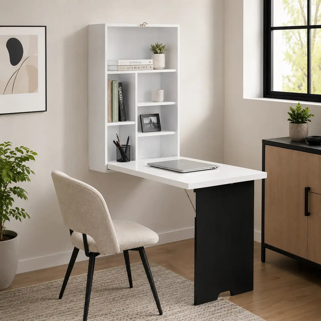34.75" Wall-Mounted Fold-Out Desk with Storage Shelves and Blackboard Panel