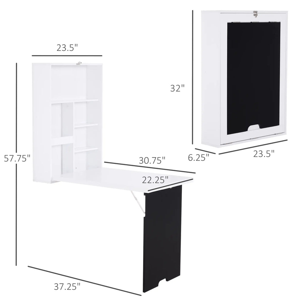 34.75" Wall-Mounted Fold-Out Desk with Storage Shelves and Blackboard Panel