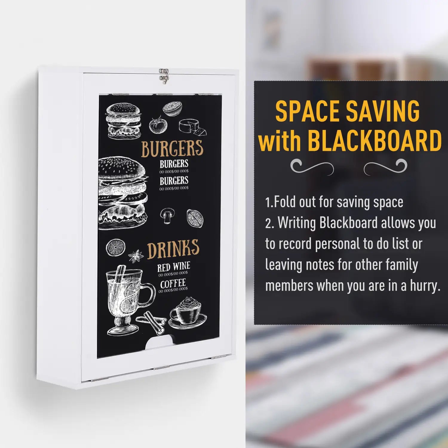 34.75" Wall-Mounted Fold-Out Desk with Storage Shelves and Blackboard Panel