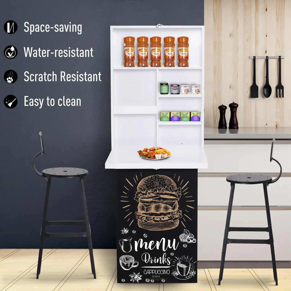 34.75" Wall-Mounted Fold-Out Desk with Storage Shelves and Blackboard Panel