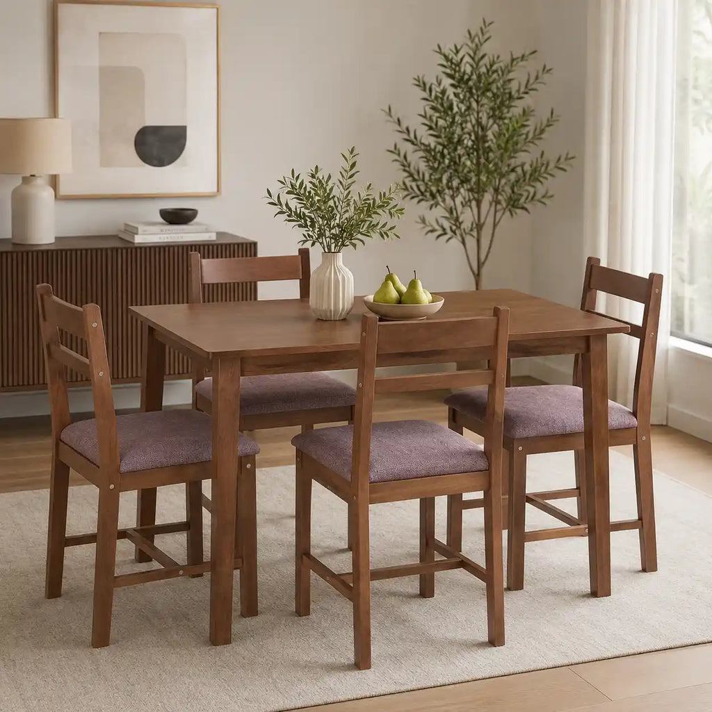 43.3" 5-Piece Farmhouse Rubberwood Dining Set with 4 Upholstered Chairs