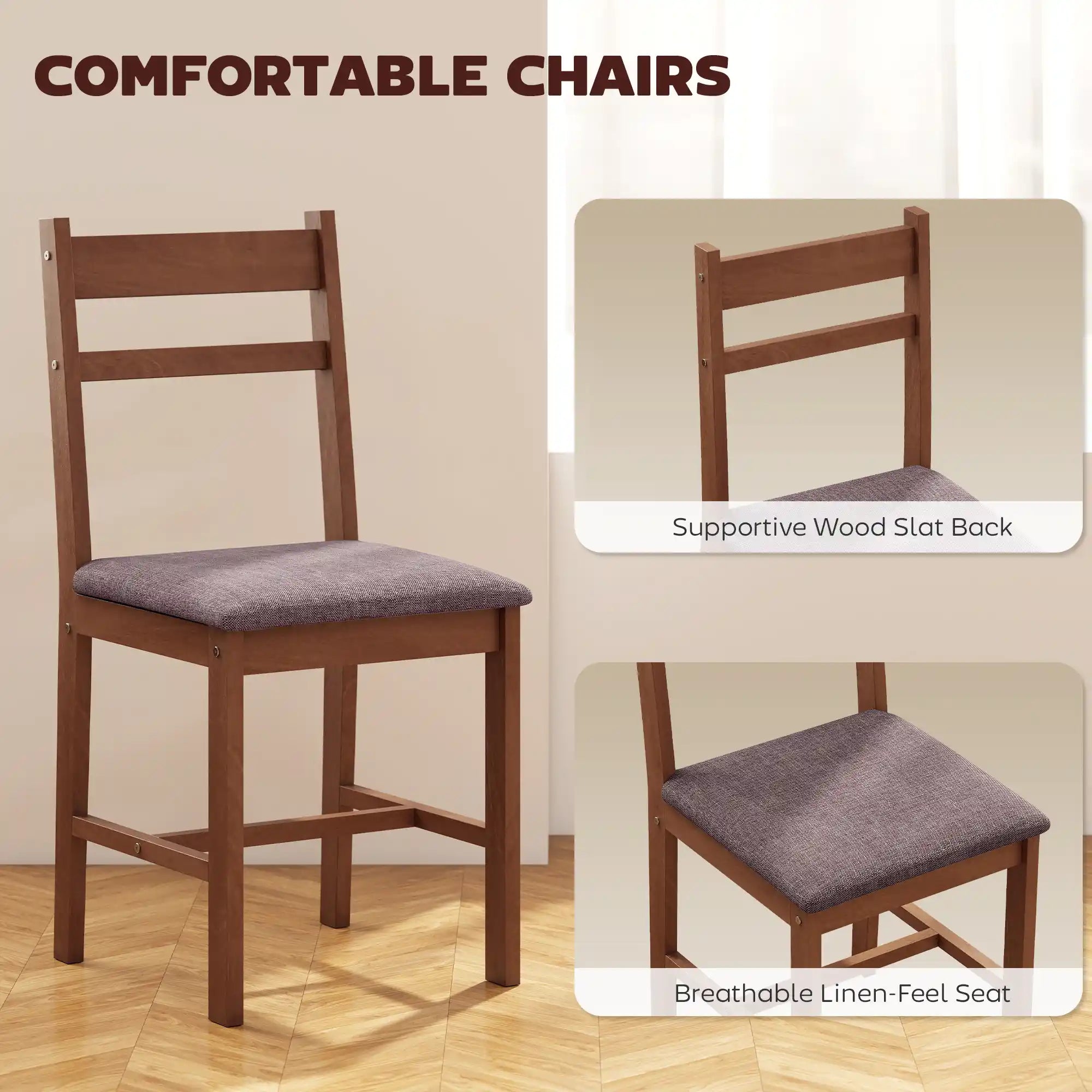 43.3" 5-Piece Farmhouse Rubberwood Dining Set with 4 Upholstered Chairs