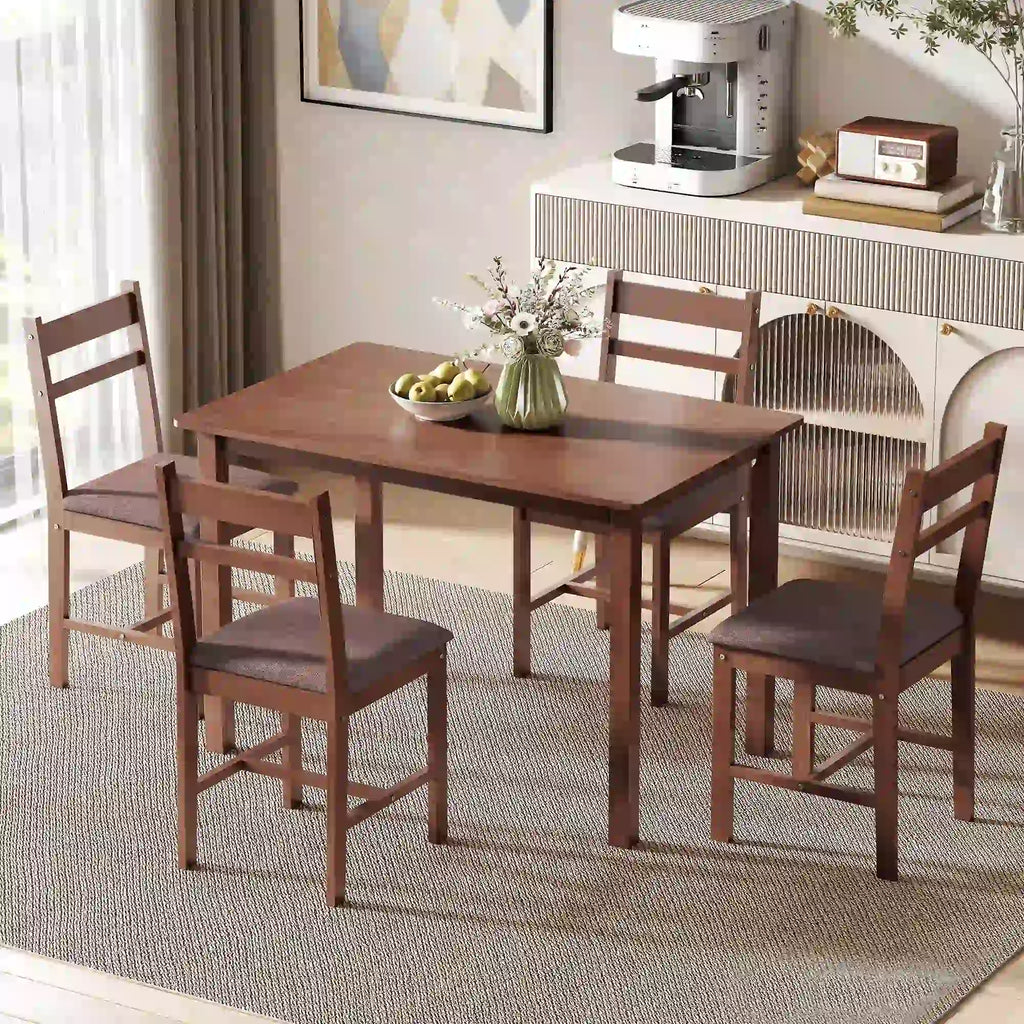 43.3" 5-Piece Farmhouse Rubberwood Dining Set with 4 Upholstered Chairs