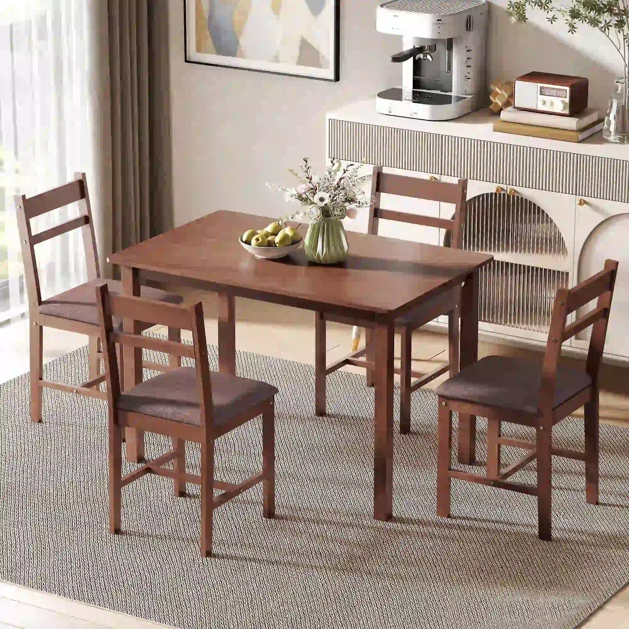 43.3" 5-Piece Farmhouse Rubberwood Dining Set with 4 Upholstered Chairs