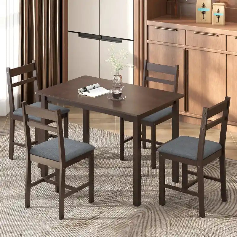 43.3" 5-Piece Farmhouse Rubberwood Dining Set with 4 Upholstered Chairs