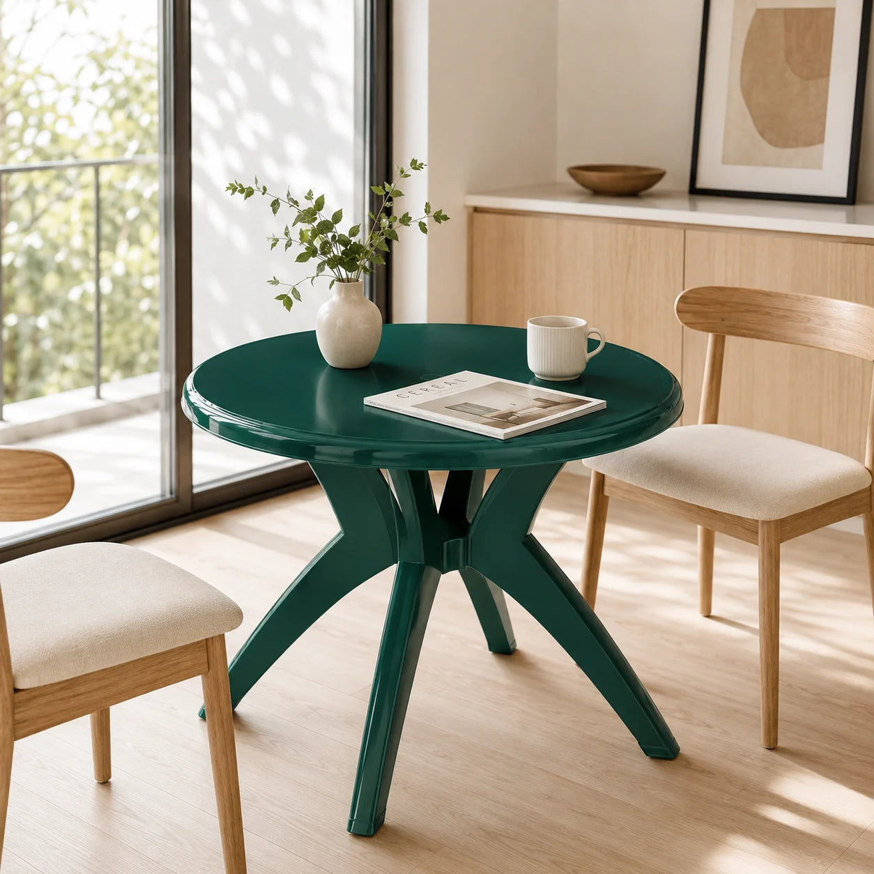 36.25" Round Plastic Patio Dining Table with Umbrella Hole