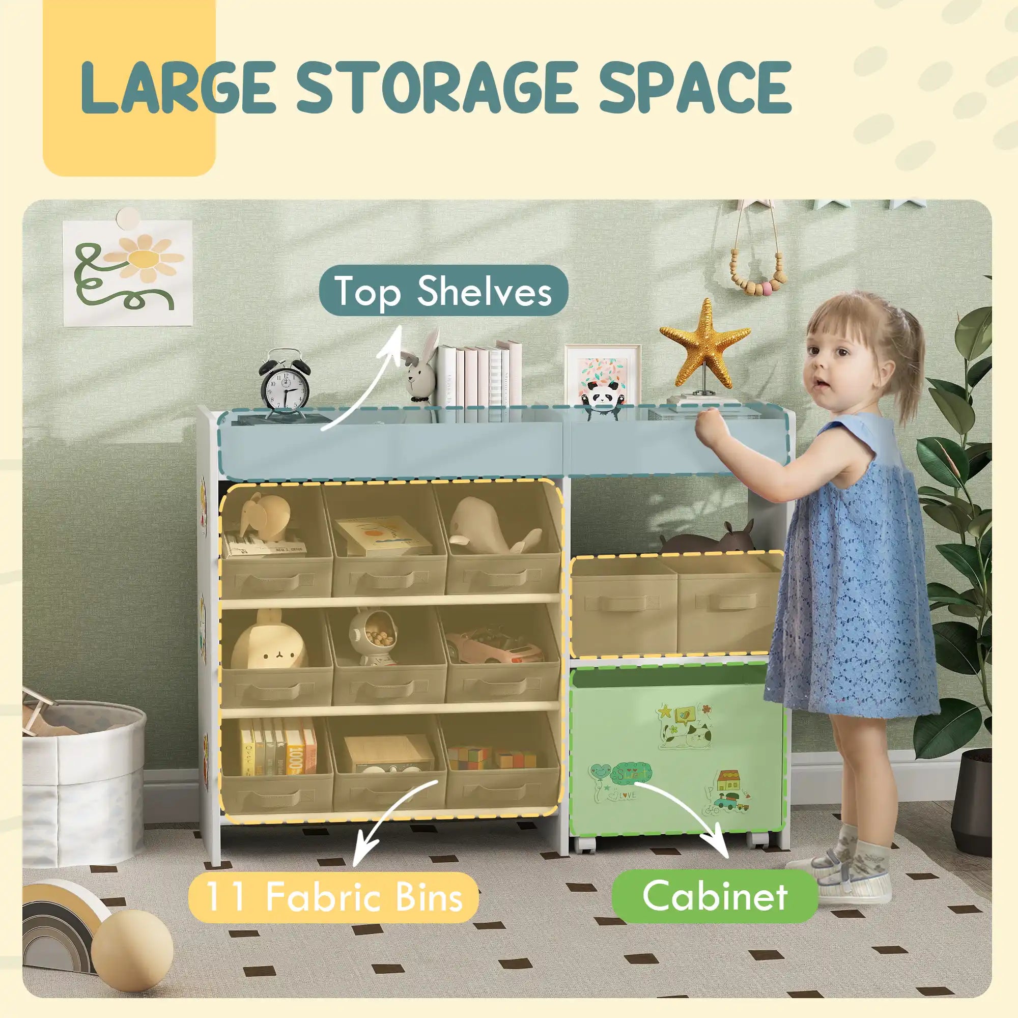 41.3" Kids Toy Storage Organizer with 11 Fabric Bins, Shelves and Mobile Cabinet