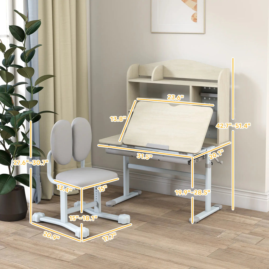 Adjustable Kids Study Desk and Chair Set with 45° Tilting Desktop