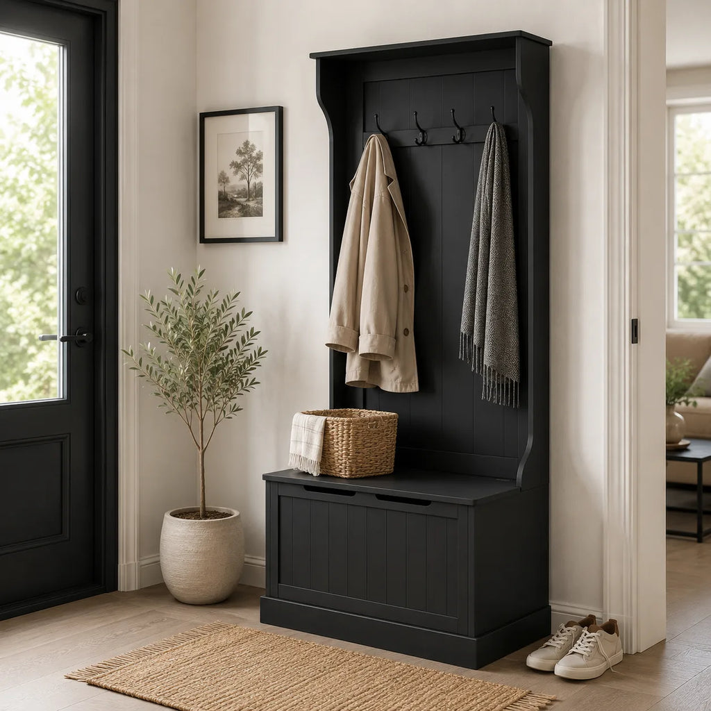 67" Entryway Hall Tree with Storage Bench and 4 Double Coat Hooks