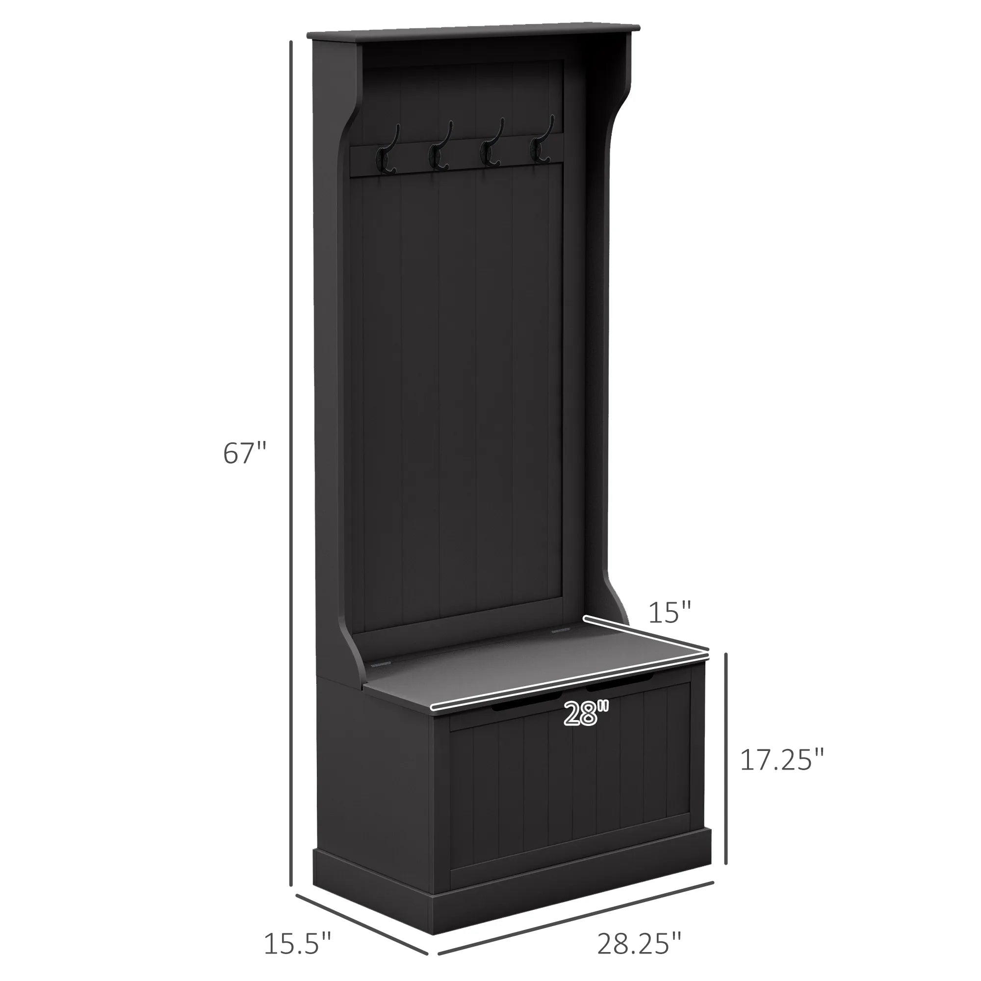 Black coat rack with dimensions labeled on a white background