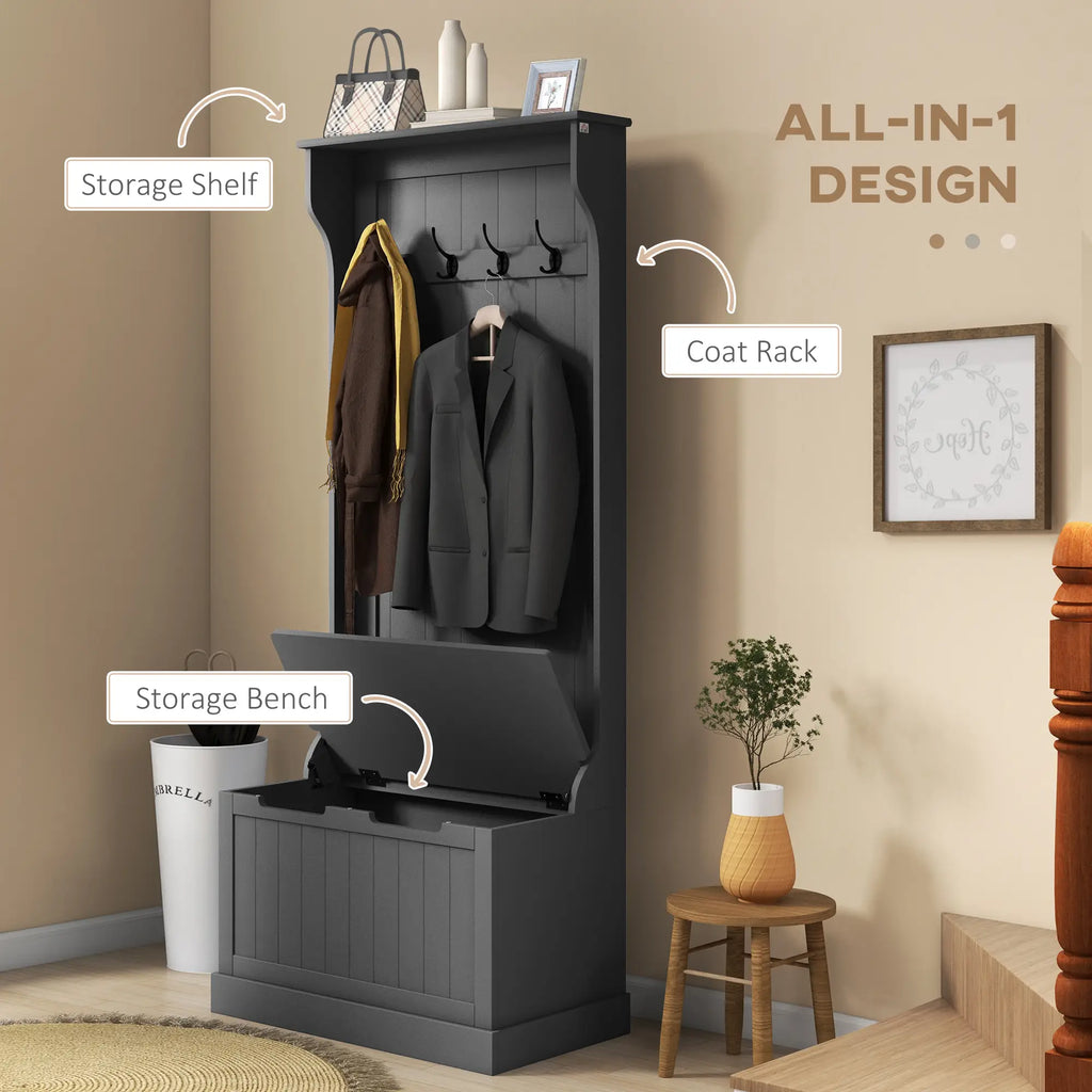 Multifunctional storage unit with coat rack, storage shelf, and bench in a room setting.