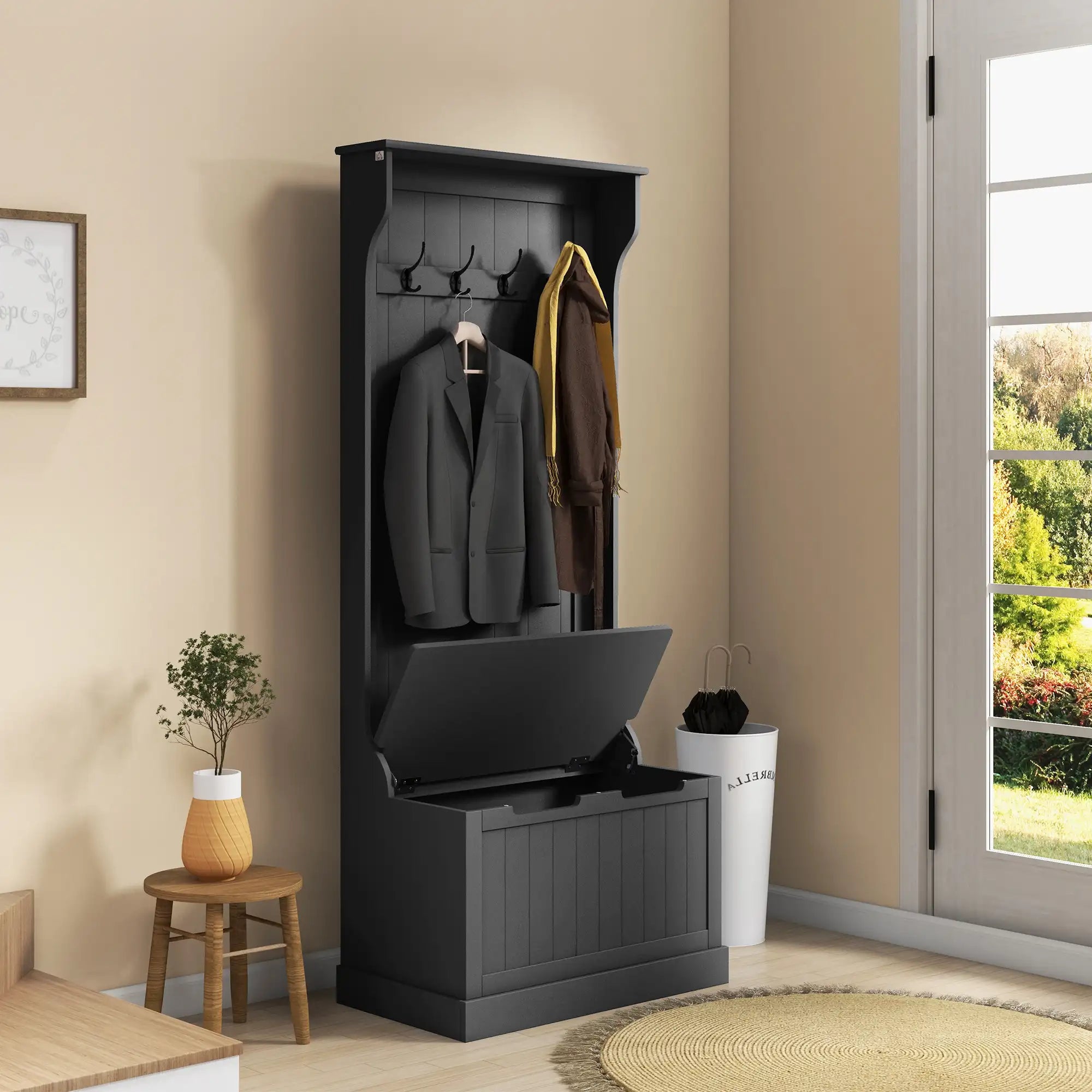67" Entryway Hall Tree with Storage Bench and 4 Double Coat Hooks