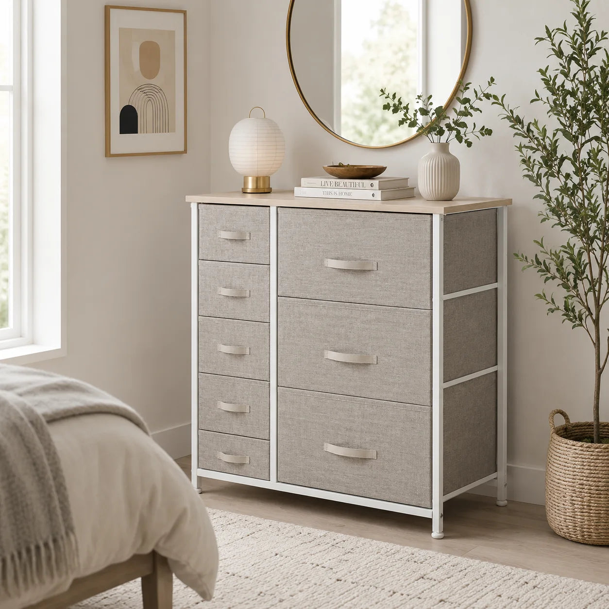 28" 7-Drawer Fabric Dresser Storage Tower with Metal Frame and Wood Top