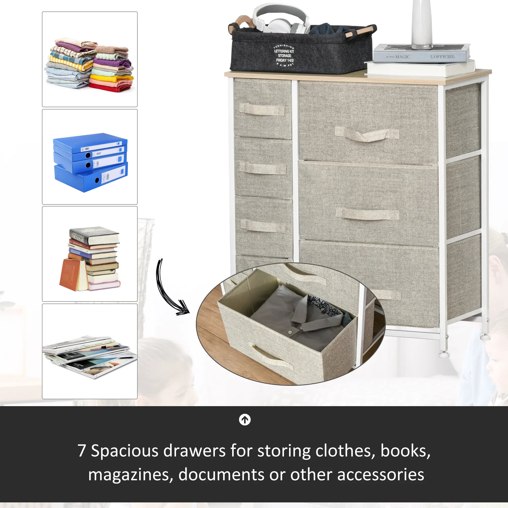 28" 7-Drawer Fabric Dresser Storage Tower with Metal Frame and Wood Top