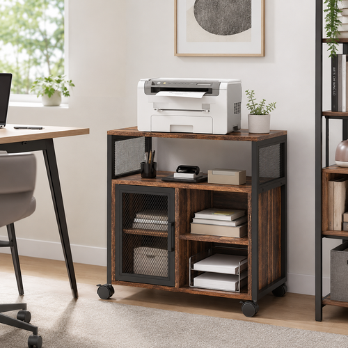 25.5" Mobile Printer Stand with Power Outlets, USB Ports, Storage Shelves and Locking Wheels