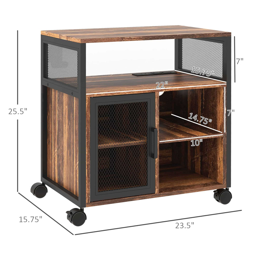 25.5" Mobile Printer Stand with Power Outlets, USB Ports, Storage Shelves and Locking Wheels