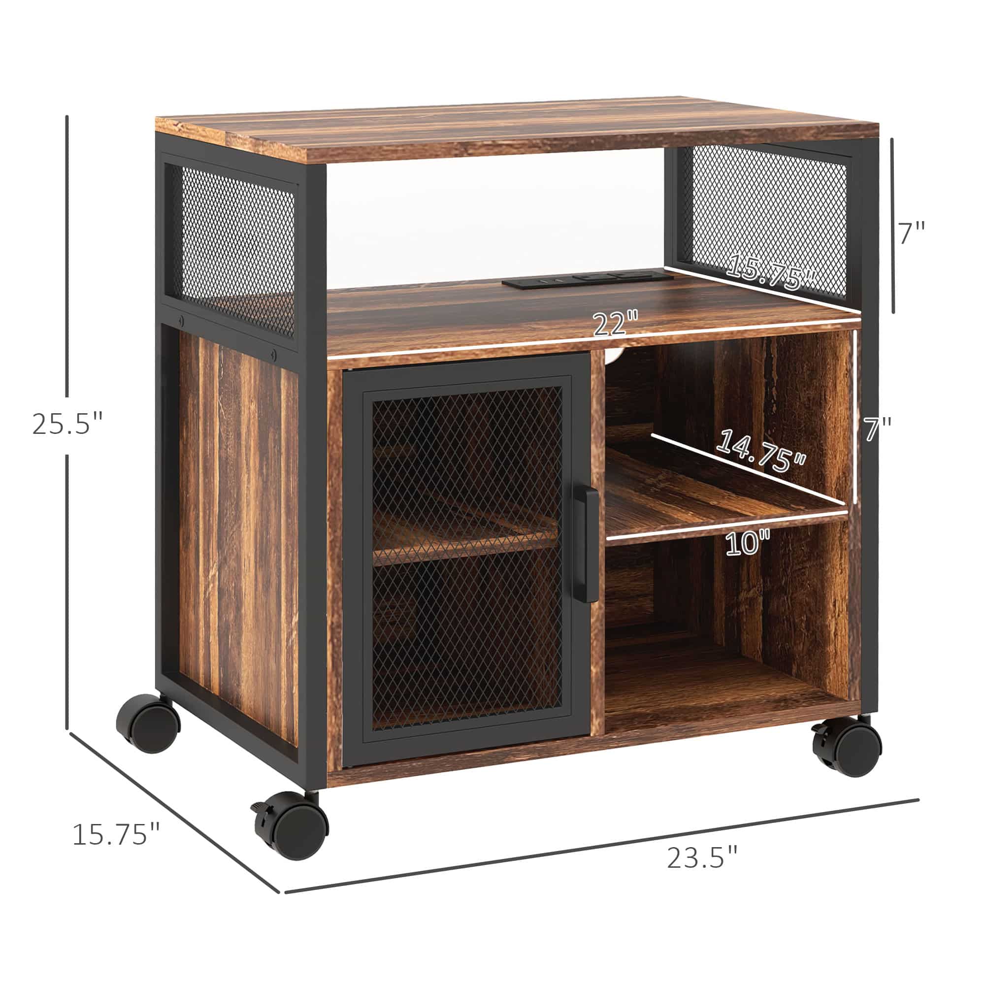 25.5" Mobile Printer Stand with Power Outlets, USB Ports, Storage Shelves and Locking Wheels